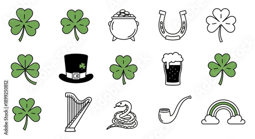 A collection of St. Patrick's Day themed icons including shamrocks, a pot of gold, a horseshoe, a top hat, a pint of beer, a harp, a snake, a pipe, and a rainbow.