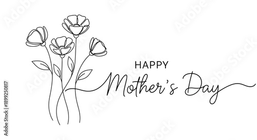 Minimalist line art illustration of delicate flowers with the text "Happy Mother's Day" in elegant script.