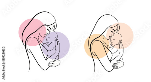 A tender illustration of a mother holding her baby, with soft pastel circles symbolizing warmth and love.