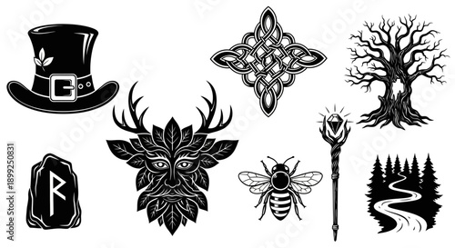Collection of black and white pagan and nature-themed symbols including a top hat, a green man face, a rune stone, a Celtic knot, a tree, a bee, a staff, and a forest path.