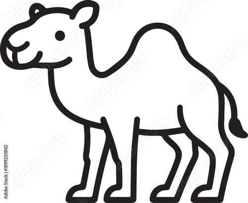 A stylized illustration of a camel standing in a minimalist and simplistic manner