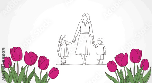 A mother walks hand-in-hand with her two young children, surrounded by vibrant tulips.
