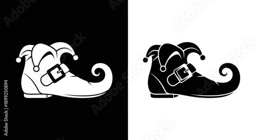 A jester's shoe, depicted in both white on black and black on white.