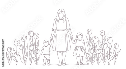 A mother holds hands with her son and daughter while standing in a field of tulips.