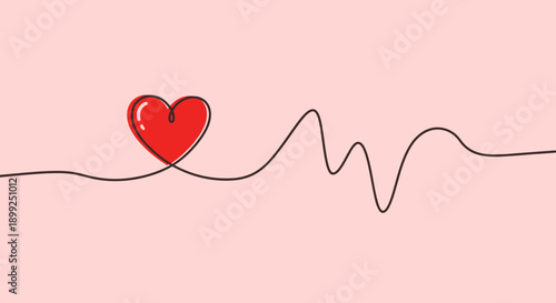 A single continuous line drawing of a red heart connected to an electrocardiogram heartbeat line.
