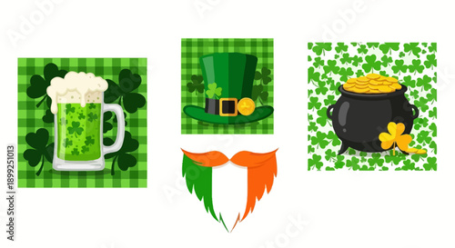 A collection of St. Patrick's Day themed illustrations including a frothy green beer, a leprechaun hat with a beard, and a pot of gold coins.