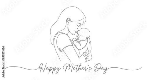 A tender single-line drawing depicts a mother holding her baby close, with the words "Happy Mother's Day" elegantly scripted below.