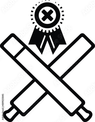 Crossed rolling pins with a ribbon award and a cross symbol on a white background Keywords: baking, cooking, award, ribbon, rolling pin, crossed, symbol, cross, x mark, failure, rejection