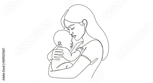 A tender line art illustration depicts a mother lovingly holding her sleeping baby in her arms, showcasing a moment of deep maternal connection and affection.