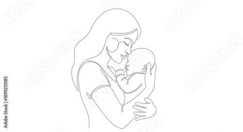A minimalist line art illustration of a mother tenderly holding her baby, conveying love and connection.