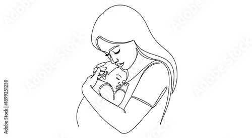 A tender line art illustration depicts a mother lovingly cradling her sleeping baby in her arms, emphasizing a moment of deep maternal connection and gentle care.
