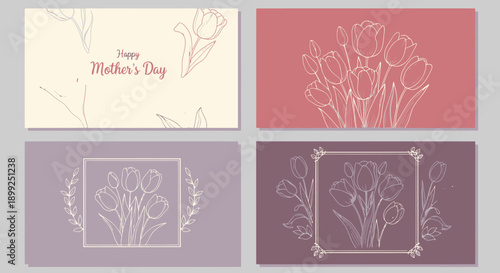 Four elegant Mother's Day greeting card designs featuring delicate line art of tulips and floral accents on pastel backgrounds.