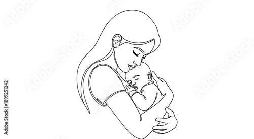 A tender line drawing depicts a mother cradling her sleeping baby in her arms, showcasing a moment of profound love and connection.