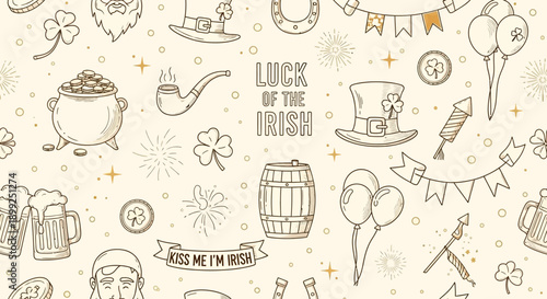 A charming St. Patrick's Day themed illustration featuring a variety of iconic symbols and festive elements.