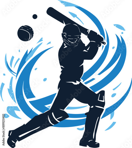 Dynamic illustration of a cricket batsman in silhouette swinging a bat with abstract blue splashes and a ball