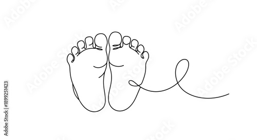 A minimalist line drawing of a pair of baby feet with a single continuous line forming a playful swirl.