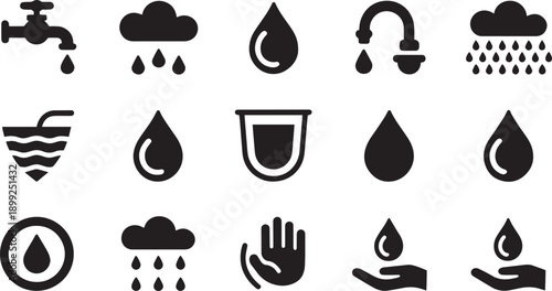 Collection of water related icons representing hydration and weather elements