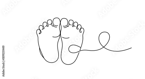 A minimalist line art drawing of a pair of baby feet with a single continuous line forming a loop extending from one of the heels.