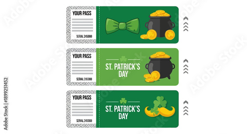 Three St. Patrick's Day themed passes with green backgrounds, shamrocks, pots of gold, and bow ties.