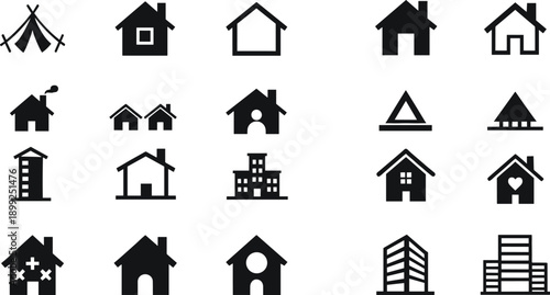House shelter and building solid icon set with home camping and architecture symbols isolated on white background