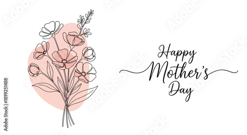 A delicate line drawing of a bouquet of flowers with a soft pink oval shape behind it, next to elegant cursive text that reads "Happy Mother's Day".
