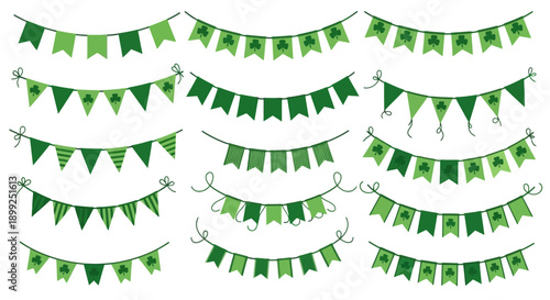 A collection of green St. Patrick's Day themed bunting flags with shamrock designs and striped patterns.