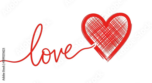 A stylized red heart with the word "love" written in cursive flowing into it.