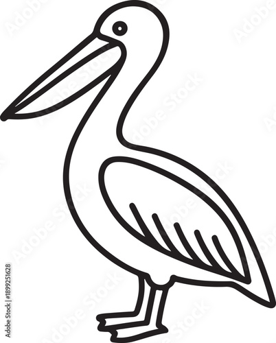 A stylized black and white illustration of a pelican standing on one leg