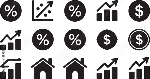 Collection of Business and Finance Icons with Growth Charts and Percentages