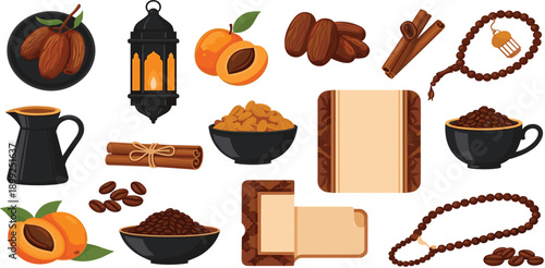 Islamic Ramadan Iftar Food and Decor Elements Collection on White Background dates apricots