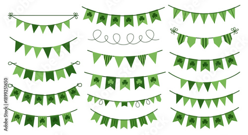 A collection of green St. Patrick's Day themed bunting flags with shamrock designs, perfect for festive decorations.
