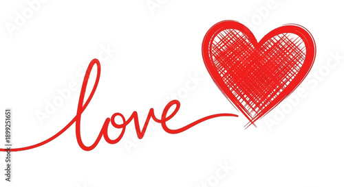A simple and elegant design featuring the word "love" written in a flowing script next to a hand-drawn red heart.