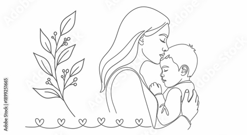 A tender line art illustration of a mother holding her sleeping baby close, with a delicate branch and hearts.