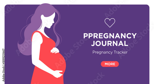 A pregnant woman in a red dress holding her belly, with the text "PREGNANCY JOURNAL" and "Pregnancy Tracker" on a purple background.