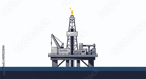 Offshore oil rig with burning flare stack on white background.