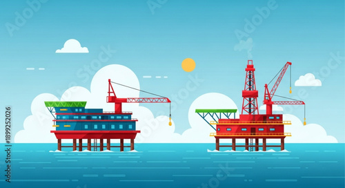 Offshore oil rigs in the ocean under a sunny sky.