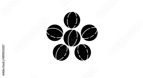 Five coffee beans arranged in a circular pattern on white background.