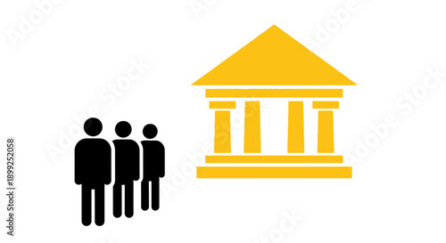 Simple iconography of people approaching a building with columns.