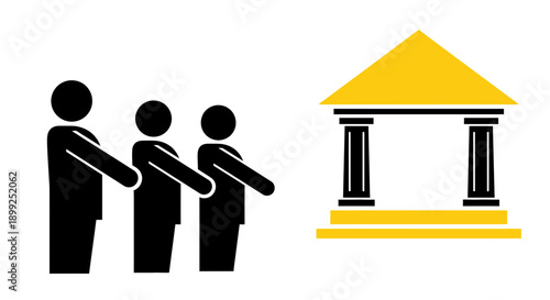 Three people standing in front of a bank building icon.