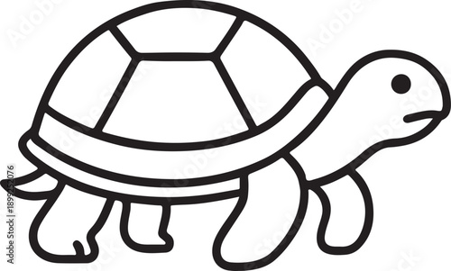 A simple line drawing of a tortoise walking forward with a detailed shell and legs