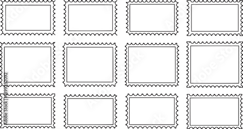 Collection of twelve blank postage stamp frames isolated on transparent background