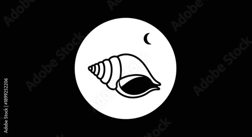 Simple black and white illustration of a seashell on a white circle with a crescent moon.