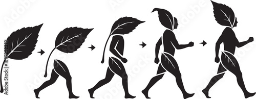 Evolution of Human from Leaf to Running Man Silhouette