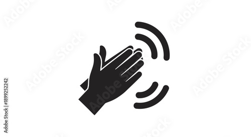 Black hand icon with gesture motion symbol on white background.