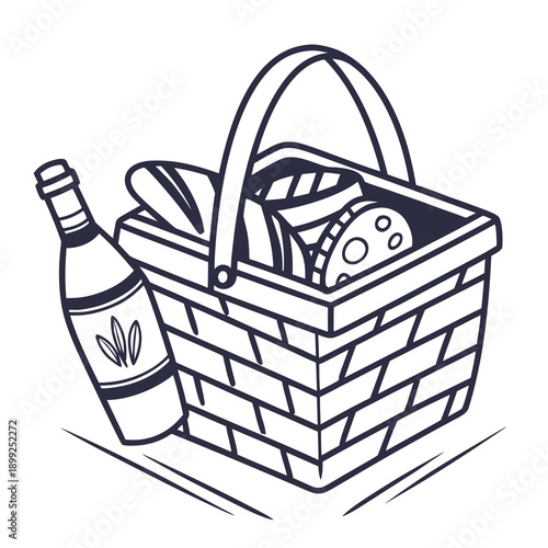 A picnic basket filled with food and a bottle of wine.