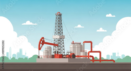 Oil drilling rig and pumpjack in industrial landscape.