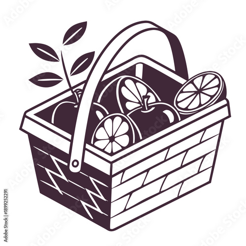 A basket filled with fresh vegetables and a leafy plant on top.