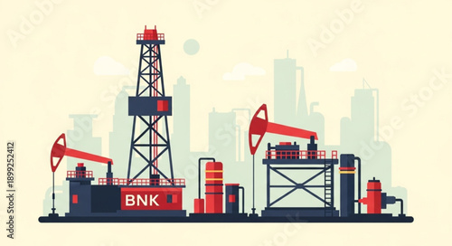 Oil drilling rig and pumpjack industrial landscape illustration.