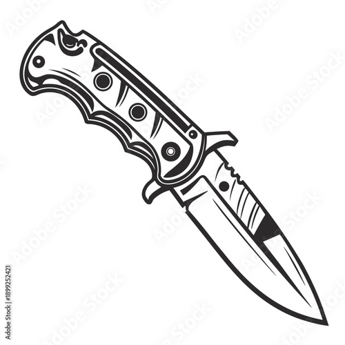 A detailed illustration of a combat knife with a serrated edge and a black handle