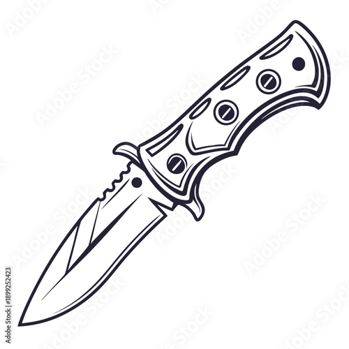 A detailed illustration of a knife with a wooden handle and a serrated blade
